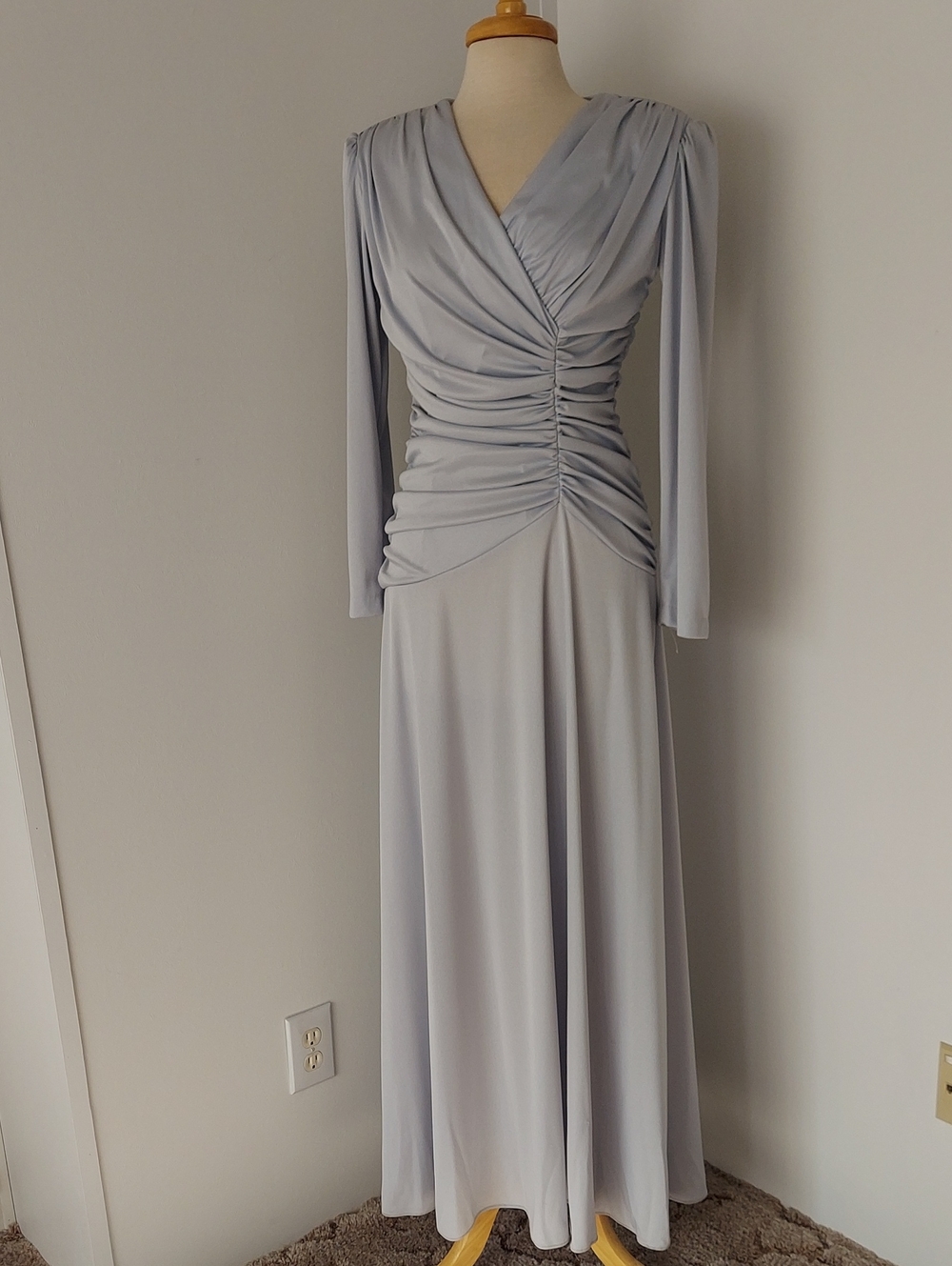 Jovani Silver-Gray Ruched V-Neck Long Sleeve Gown